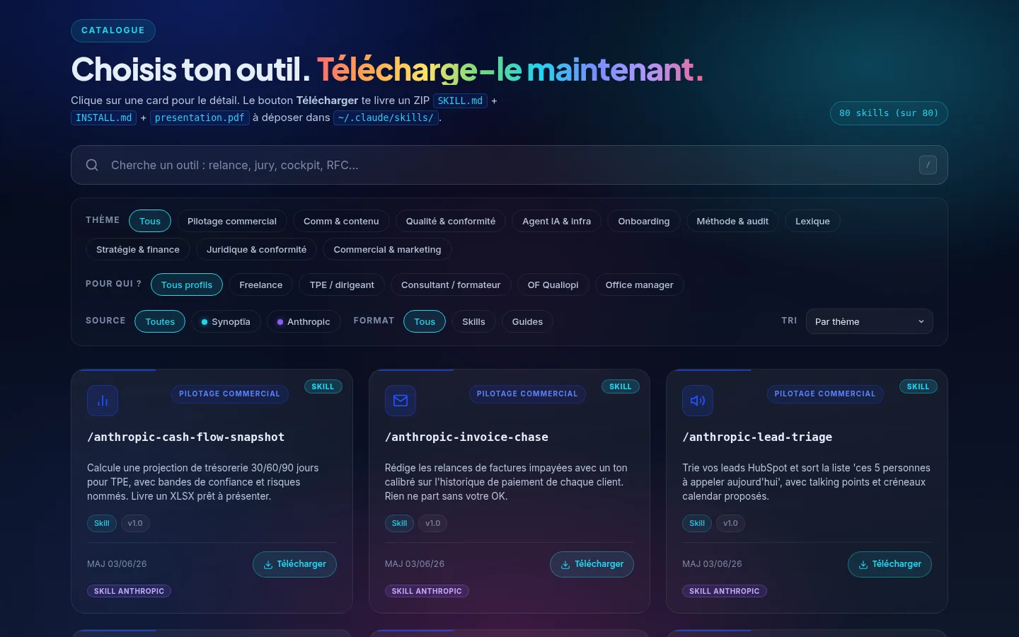Catalogue des 80 outils de la Bibliothèque, avec filtres