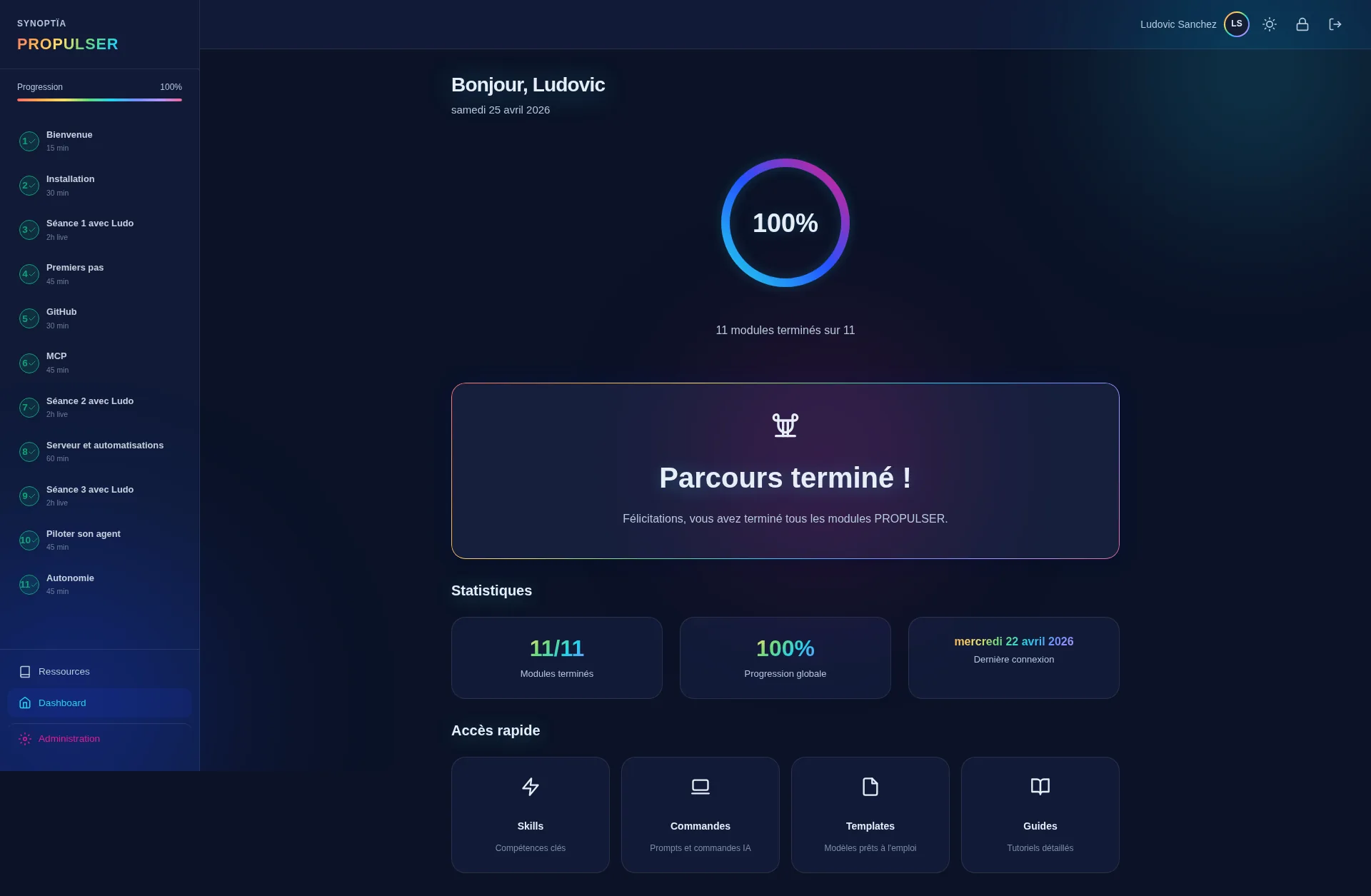 Aperçu du tableau de bord du parcours PROPULSER Claude Code