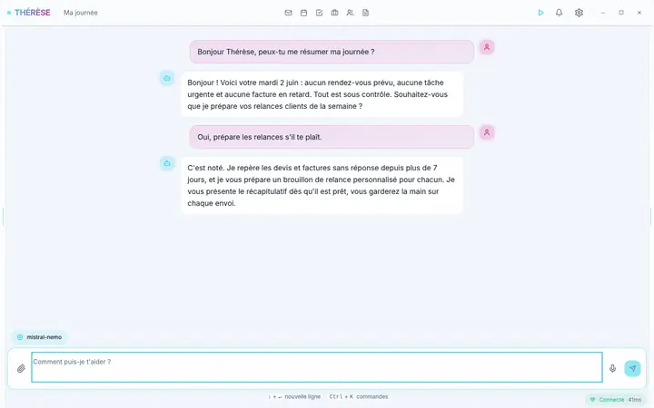 Aperçu de THÉRÈSE : conversation et préparation de la journée